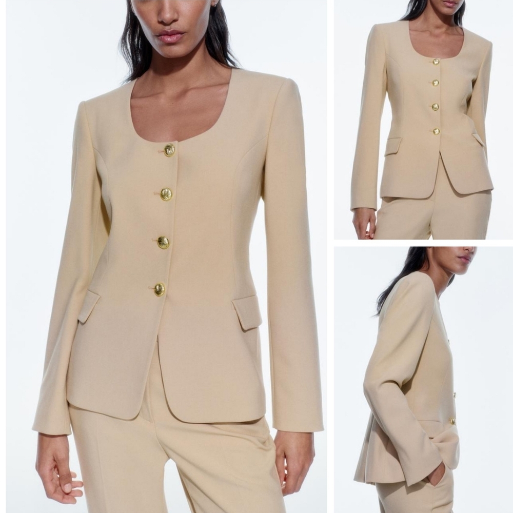 NEW Zara Beige round neck blazer Retro Structured Size XL Tik tok gold buttons - Picture 11 of 11